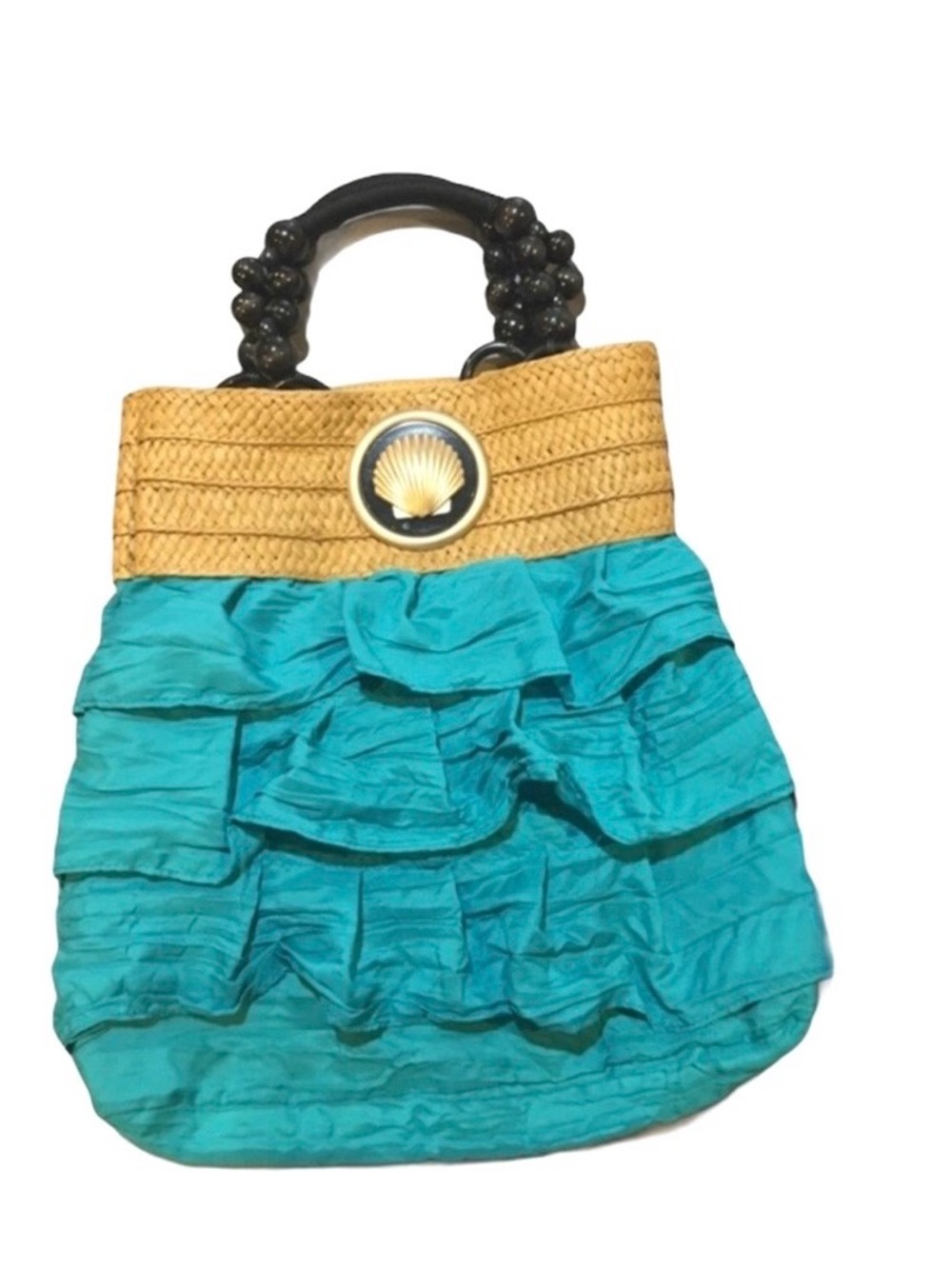 Braciano shell wicker purse. Turquoise/teal.  Very nice
